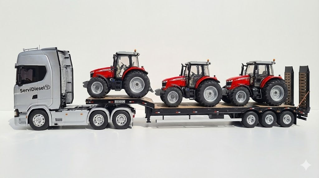 Miniatura Scania S-Series "ServiDiesel" com Carreta Prancha e Tratores - 1/14 (Controle Remoto)